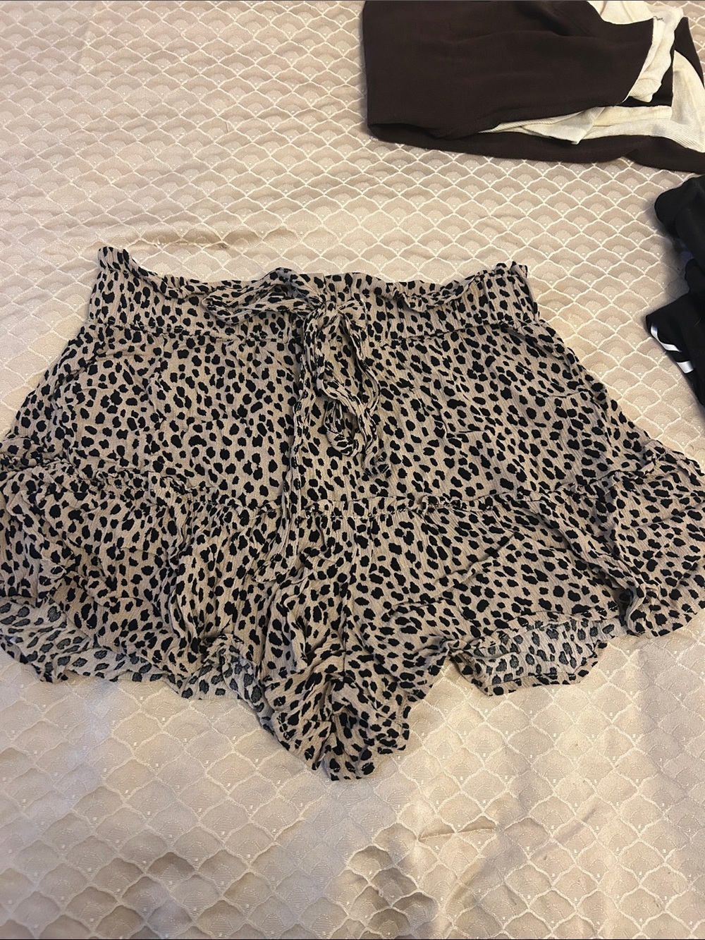 Vanilla Star Beige and Black Leopard Ruffle Tie-Front Shorts